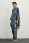 RI.Ritu Kumar_Blue Silk Satin Embroidery High Neck Multi Jaisalmer Kaftan And Pant Set _Online_at_Aza_Fashions