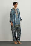 Buy_RI.Ritu Kumar_Blue Silk Satin Embroidery High Neck Multi Jaisalmer Kaftan And Pant Set _at_Aza_Fashions
