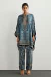 Buy_RI.Ritu Kumar_Blue Silk Satin Embroidery High Neck Multi Jaisalmer Kaftan And Pant Set _Online_at_Aza_Fashions