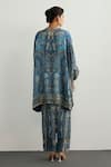 Shop_RI.Ritu Kumar_Blue Silk Satin Embroidery High Neck Multi Jaisalmer Kaftan And Pant Set _at_Aza_Fashions