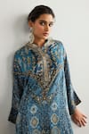 Shop_RI.Ritu Kumar_Blue Silk Satin Embroidery High Neck Multi Jaisalmer Kaftan And Pant Set _Online_at_Aza_Fashions