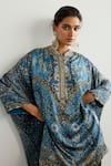 RI.Ritu Kumar_Blue Silk Satin Embroidery High Neck Multi Jaisalmer Kaftan And Pant Set _at_Aza_Fashions