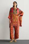 Buy_RI.Ritu Kumar_Red Silk Satin Mandarin Collar Designer Jaisalmer Print Kaftan And Pant Set _at_Aza_Fashions