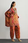 RI.Ritu Kumar_Red Silk Satin Mandarin Collar Designer Jaisalmer Print Kaftan And Pant Set _at_Aza_Fashions