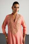 RI.Ritu Kumar_Peach Silk, Chanderi, Cotton Embroidery, Zari V-neck Nawabi Kurta Set _Online_at_Aza_Fashions