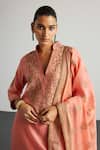 Buy_RI.Ritu Kumar_Peach Silk, Chanderi, Cotton Embroidery, Zari V-neck Nawabi Kurta Set _Online_at_Aza_Fashions
