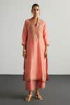 Shop_RI.Ritu Kumar_Peach Silk, Chanderi, Cotton Embroidery, Zari V-neck Nawabi Kurta Set _Online_at_Aza_Fashions