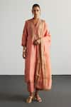 Buy_RI.Ritu Kumar_Peach Silk, Chanderi, Cotton Embroidery, Zari V-neck Nawabi Kurta Set _at_Aza_Fashions
