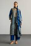 Buy_RI.Ritu Kumar_Blue Rayon, Crepe, Viscose Embroidery, Brocade Jamawar Kurta Pant Dupatta Set _at_Aza_Fashions