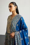 RI.Ritu Kumar_Blue Rayon, Crepe, Viscose Embroidery, Brocade Jamawar Kurta Pant Dupatta Set _at_Aza_Fashions