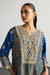 Buy_RI.Ritu Kumar_Blue Rayon, Crepe, Viscose Embroidery, Brocade Jamawar Kurta Pant Dupatta Set 