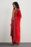 RI.Ritu Kumar_Red Rayon, Crepe, Viscose, Chinon Embroidery Split Jamawar Silk Kurta Pant Set _Online_at_Aza_Fashions