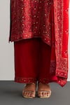 Shop_RI.Ritu Kumar_Red Rayon, Crepe, Viscose, Chinon Embroidery Split Jamawar Silk Kurta Pant Set _Online_at_Aza_Fashions