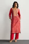 RI.Ritu Kumar_Red Rayon, Crepe, Viscose, Chinon Embroidery Split Jamawar Silk Kurta Pant Set _at_Aza_Fashions