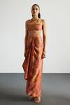 Buy_RI.Ritu Kumar_Coral , Satin Sequins Multi Print Cape Bustier Skirt Set _Online_at_Aza_Fashions