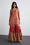 Buy_RI.Ritu Kumar_Red Silk Satin, Silk, Chinon Embroidery Round Lina Designer Kurta Garara Set _Online_at_Aza_Fashions