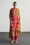 Buy_RI.Ritu Kumar_Fuchsia Silk Satin, Viscose, Satin, Lycra, Fuschia Olive Designer Kurta Set _at_Aza_Fashions
