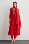 RI.Ritu Kumar_Red Chanderi, Silk, Cotton, Lycra Embroidery Round Neck Haldi Kurta Set _Online_at_Aza_Fashions