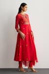 Shop_RI.Ritu Kumar_Red Chanderi, Silk, Cotton, Lycra Embroidery Round Neck Haldi Kurta Set _Online_at_Aza_Fashions