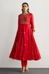 RI.Ritu Kumar_Red Chanderi, Silk, Cotton, Lycra Embroidery Round Neck Haldi Kurta Set _at_Aza_Fashions