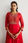 Buy_RI.Ritu Kumar_Red Chanderi, Silk, Cotton, Lycra Embroidery Round Neck Haldi Kurta Set 