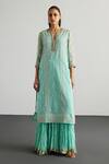Buy_RI.Ritu Kumar_Aqua Silk Organza, Viscose, Georgette, Net Embroidery Blue Lucknowi Kurta Set 