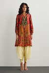 RI.Ritu Kumar_Red Embroidery Split V-neck Designer Jaisalmer Print Kurta _Online_at_Aza_Fashions