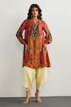 Buy_RI.Ritu Kumar_Red Embroidery Split V-neck Designer Jaisalmer Print Kurta _at_Aza_Fashions