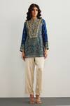 RI.Ritu Kumar_Blue Embroidery Mandarin Collar Brocade Jamawar Kurta _Online_at_Aza_Fashions