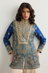 Buy_RI.Ritu Kumar_Blue Embroidery Mandarin Collar Brocade Jamawar Kurta _at_Aza_Fashions