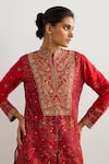 RI.Ritu Kumar_Red Embroidery Mandarin Collar Brocade Jamawar Kurta _Online_at_Aza_Fashions