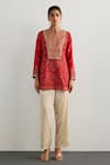 Buy_RI.Ritu Kumar_Red Embroidery Mandarin Collar Brocade Jamawar Kurta _Online_at_Aza_Fashions