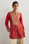 Buy_RI.Ritu Kumar_Red Embroidery Mandarin Collar Brocade Jamawar Kurta _at_Aza_Fashions