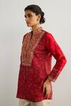RI.Ritu Kumar_Red Embroidery Mandarin Collar Brocade Jamawar Kurta _at_Aza_Fashions