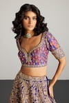 Buy_RI.Ritu Kumar_Purple , Organza Sequins, Embroidery Round Neck Gold Lehenga Set 