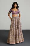 Shop_RI.Ritu Kumar_Purple , Organza Sequins, Embroidery Round Neck Gold Lehenga Set 