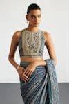 RI.Ritu Kumar_Blue Viscose, Silk, Chinon, Crepe Embroidery Beige Brocade Jamawar Saree Set _at_Aza_Fashions