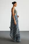 Buy_RI.Ritu Kumar_Blue Viscose, Silk, Chinon, Crepe Embroidery Beige Brocade Jamawar Saree Set 