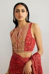 Shop_RI.Ritu Kumar_Red Viscose, Silk, Chinon, Crepe Embroidery Round Brocade Jamawar Saree Set _Online_at_Aza_Fashions