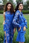 She'll_Blue Cotton Embroidery Round Neck Fringe Dobby Top And Shorts Set _at_Aza_Fashions
