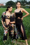 She'll_Black Linen, Chiffon Collared, Sweetheart Neck Floral Print Shirt And Pant Set _Online_at_Aza_Fashions
