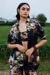 Buy_She'll_Black Linen, Chiffon Collared, Sweetheart Neck Floral Print Shirt And Pant Set _Online_at_Aza_Fashions