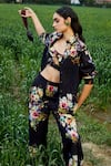 Buy_She'll_Black Linen, Chiffon Collared, Sweetheart Neck Floral Print Shirt And Pant Set _at_Aza_Fashions