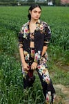Shop_She'll_Black Linen, Chiffon Collared, Sweetheart Neck Floral Print Shirt And Pant Set _Online_at_Aza_Fashions