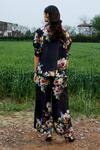 Shop_She'll_Black Linen, Chiffon Collared, Sweetheart Neck Floral Print Shirt And Pant Set _at_Aza_Fashions