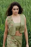 She'll_Green Embroidery Round , Scoop Lush Raw Silk Jute 3-piece Set _Online_at_Aza_Fashions