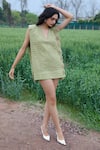 Buy_She'll_Green Fabric Flowers V-neck Lush Raw Silk Jute Dress _at_Aza_Fashions