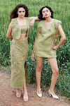 Shop_She'll_Green Fabric Flowers V-neck Lush Raw Silk Jute Dress _Online_at_Aza_Fashions