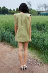Shop_She'll_Green Fabric Flowers V-neck Lush Raw Silk Jute Dress _at_Aza_Fashions
