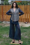 Buy_She'll_Blue V-neck Metallic Vest Shirt And Pant Set _at_Aza_Fashions